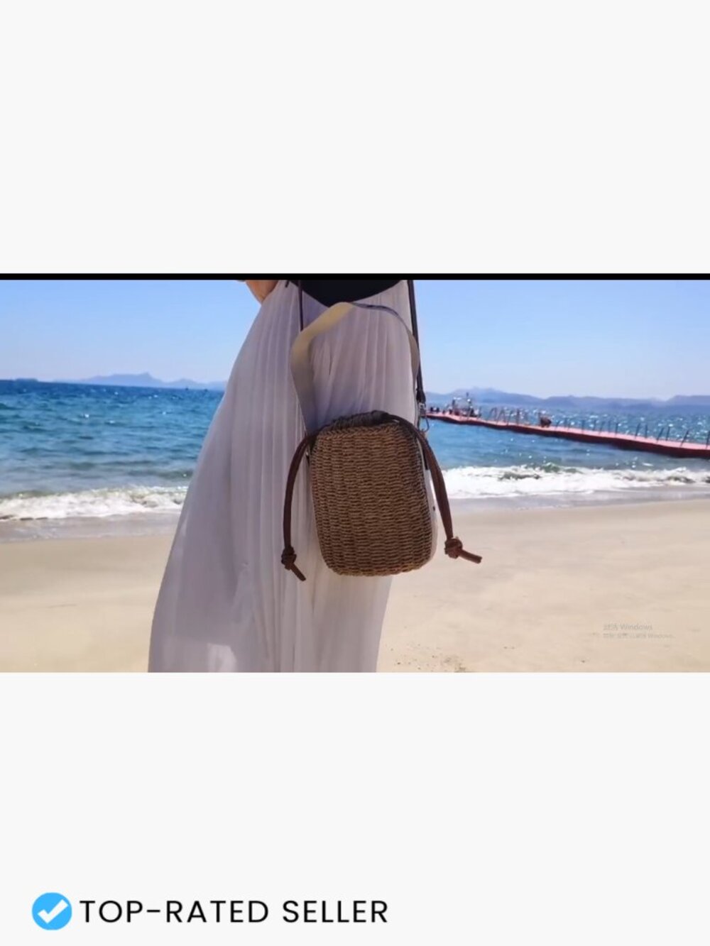 Straw Rattan Woven Bucket Tote Bag Crossbody Drawstring Beach Handbag - Picture 7 of 7